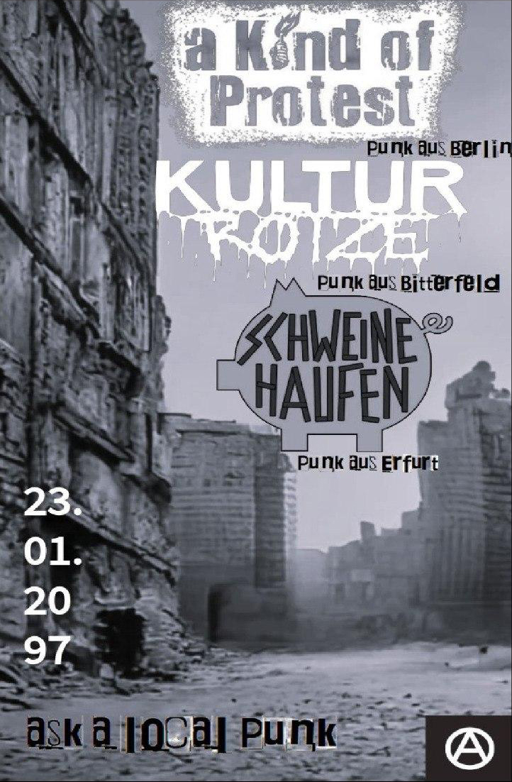 Flyer für das Konzert am 23.01.2026 in der Galle in Halle/Saale. Wir spielen gemeinsam mit A Kind of Protest und Kulturrotze.