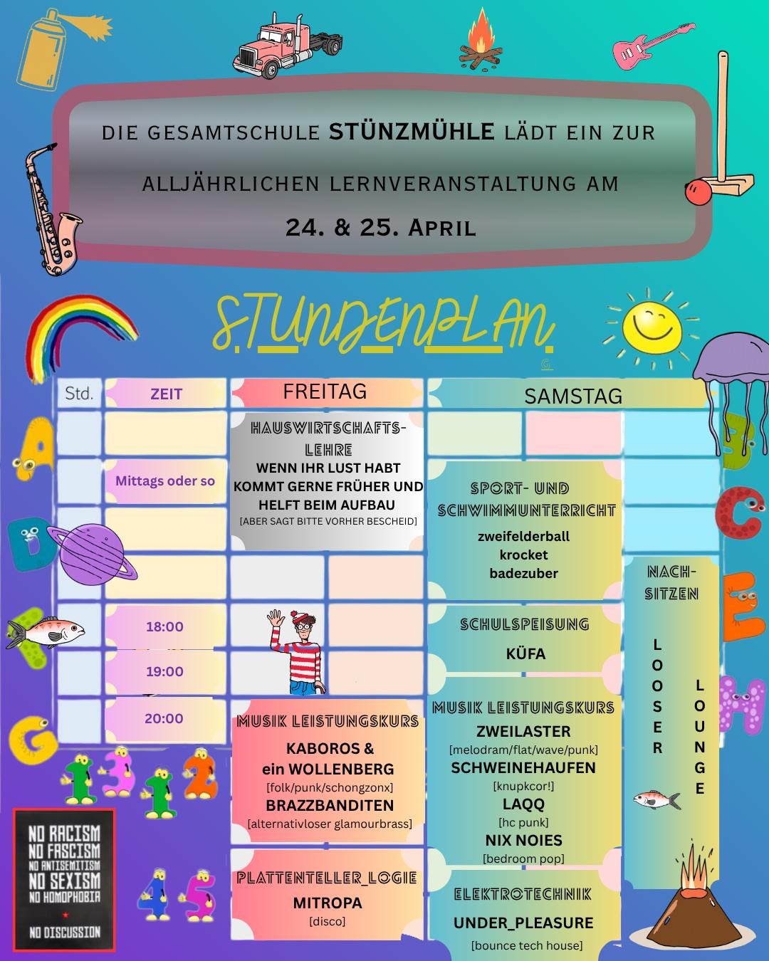 Flyer für das Konzert am 25.04.2026 in der Stünzmühle. Wir spielen gemeinsam mit Zweilaster, LAQQ und Nix Noies.